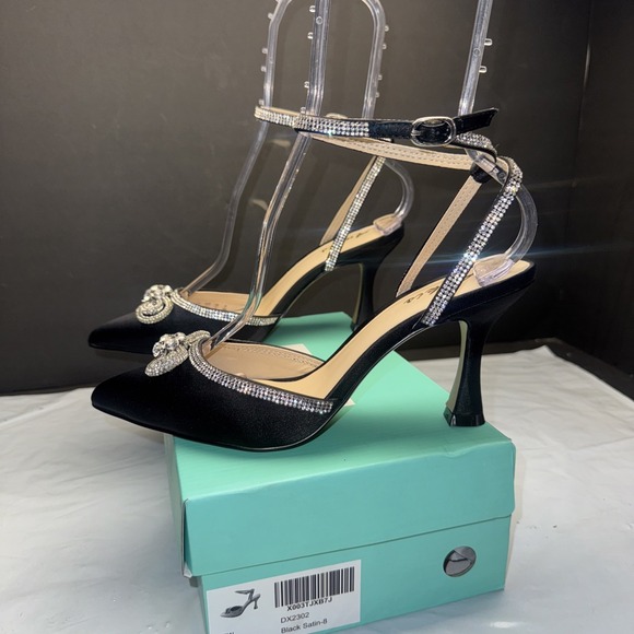 Ankis Women's Rhinestone Bow Heels Closed Toe Pumps Strappy 8 Black Glitter - Picture 2 of 9